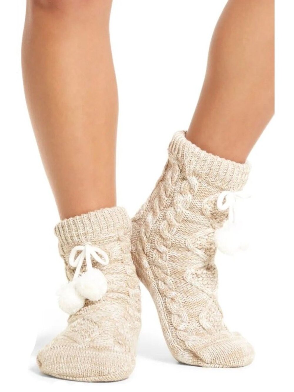 UGG Fleece Lined Cable Knit Pom-Pom Cozy Cream White Womens Socks Size 5-10